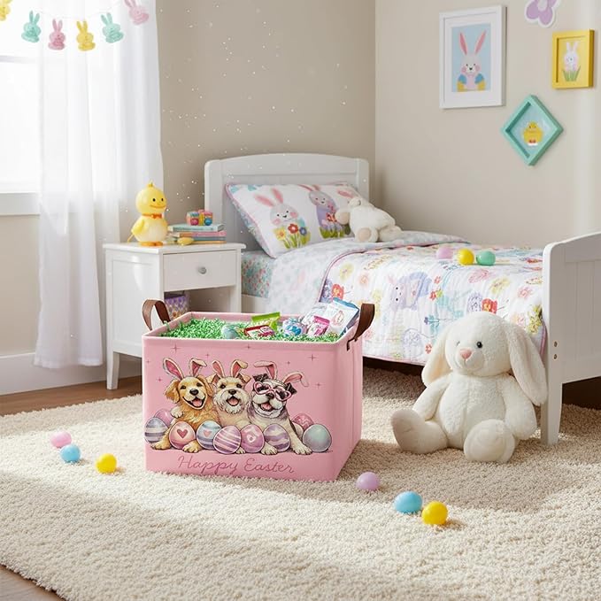 Large Rectangular Cute Kid Easter Basket Empty Bunny Eggs Easter Basket Gift Spring Room Storage Organizer Décor (E-02)