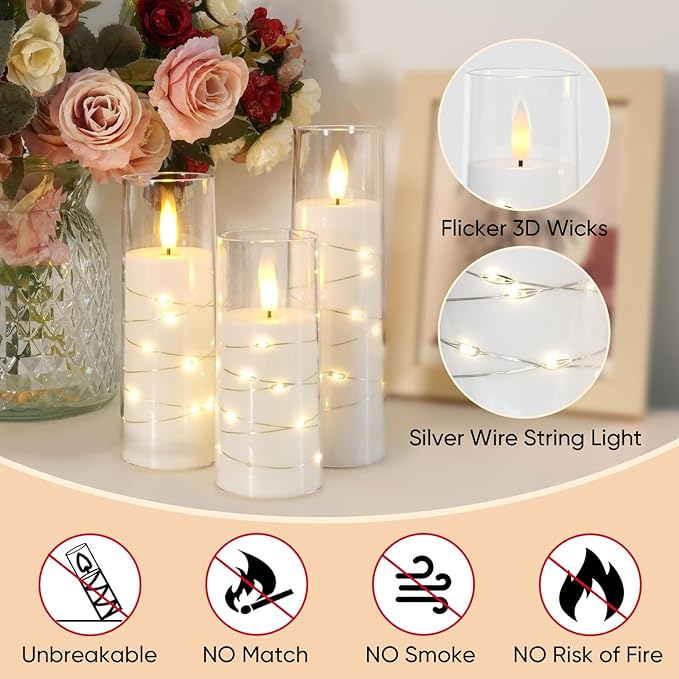 Raycare Flameless Candle with Remote Timer, 7 Flickering Acrylic Battery Operated LED Pillar Candles with Embedded Star String for Valentine's Day, Home Decor, and as a Gift(White)