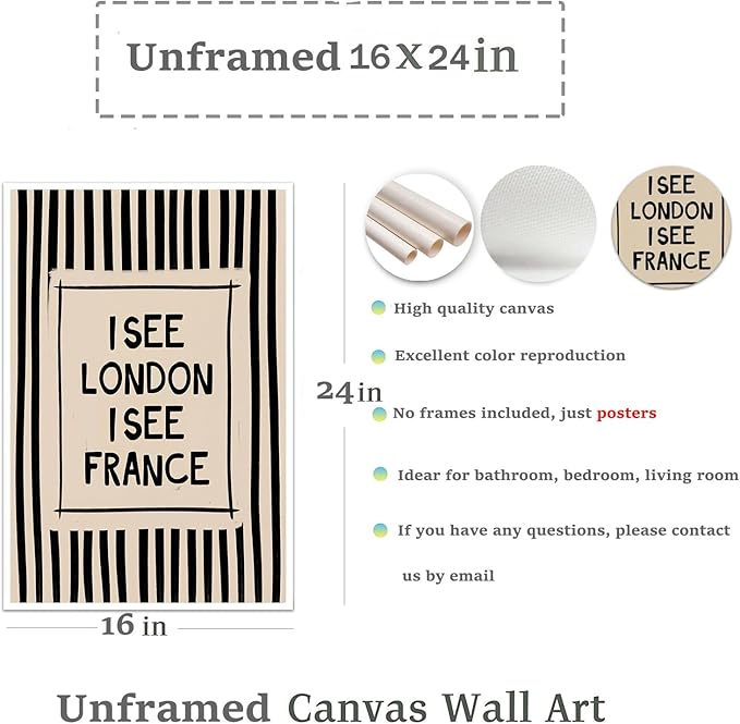Funny Bathroom Canvas Wall Art Vintage Funny Toilet Quote Canvas Wall Art I See London I See France Print Minimalist Bathroom Poster Decor Quirky Humorous Artwork Prints for Toilet Restroom, Unframed