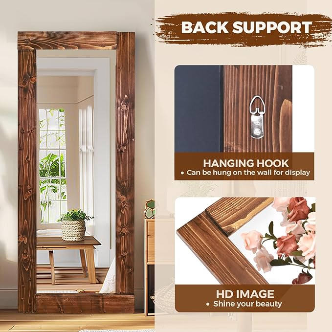 Full Length Mirror 58"x24" – Solid Wood Frame, HD Tempered Glass, Wall Mounted & Leaning, Rustic Modern Decor for Bedroom, Living Room, Entryway, Brown