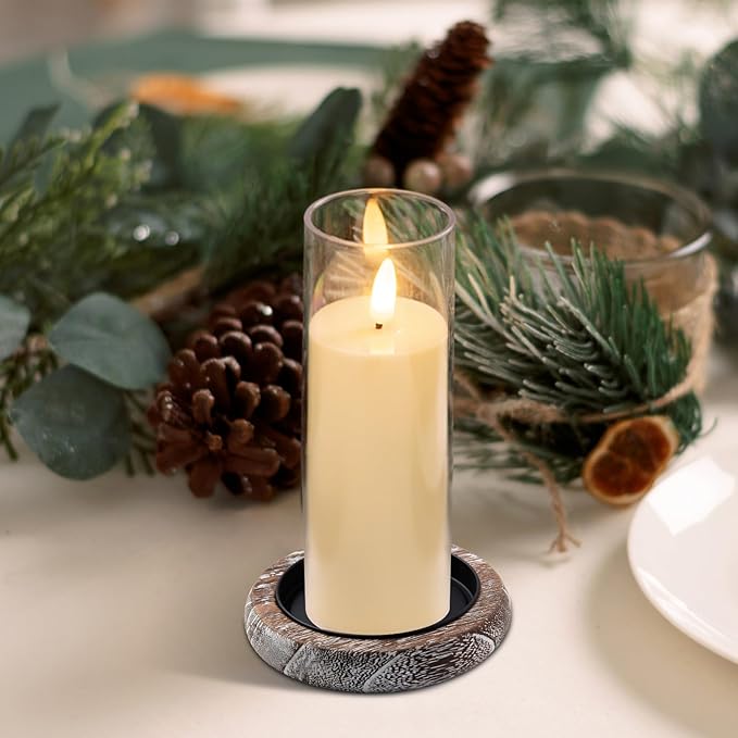 Hatway Wood Candle Holder Farmhouse Decor Wooden Pillar Candles Tray for Table Centerpiece Small Decorative Tray Riser Round Wooden Plate Pedestal Stand for Coffee Table for Christmas Decor-Bai-4