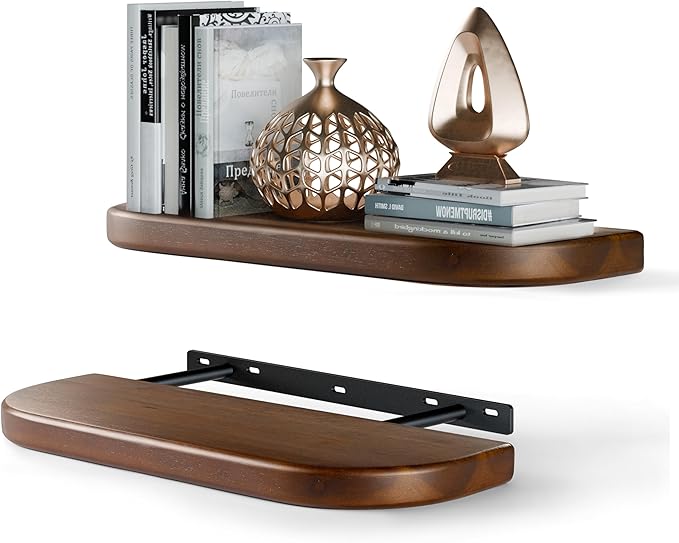 BATODA Set of 2 17" Acacia Wood Floating Shelves Wall Mounted (Round Edge) – Wooden Decorative Wall Bookshelf - Storage Shelf Organizer for Home - Black Brackets and Shelving Mounting Included(Walnut)