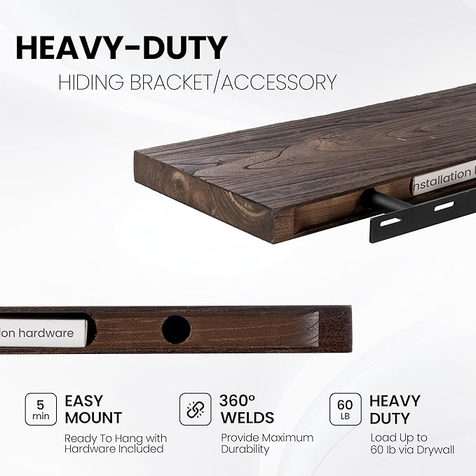 Floating Shelves for Wall, 48"x9.3" Rustic Solid Live-Edge Elm Wood Wall Shelves, Heavy-Duty Floating Shelves with Invisible Brackets, Set of 2 for Living Room, Bedroom, and Kitchen, Walnut Finish
