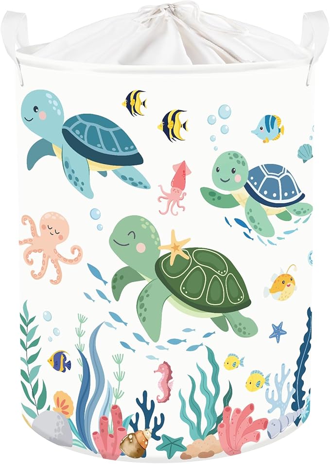 Clastyle Adorable Ocean Animals Kids Book Storage Basket Sea Turtle Clothes Laundry Basket Parents Gift Toy Box for Bedroom Shower, Green Turtle, 36x45 cm