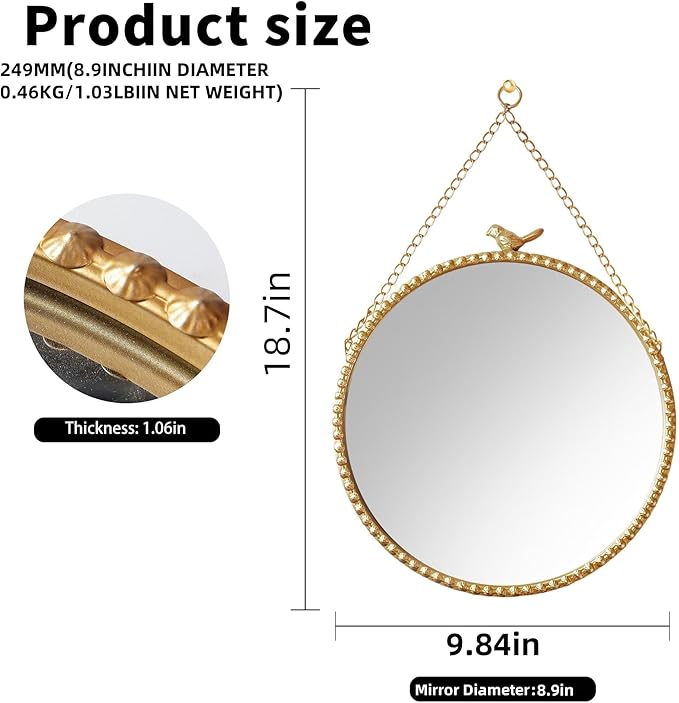 9.8 Inch Small Vintage Gold Round Wall Mirror with Sparrow Design-Iron Framed Mirror for Bathroom, Bedroom Or Dressing Room-Small Wall Mounted Mirror with Metal Bead Accents