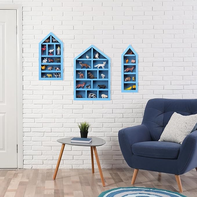 DoubleFill Set of 3 Wooden Trinket Display Shelf Shadow Box with Shelves 10 x 15 Inch Large Wall Mounted Display Storage Mini Figures Curio Trinket Medals Crafts Collections(Ocean Blue,House Shape)