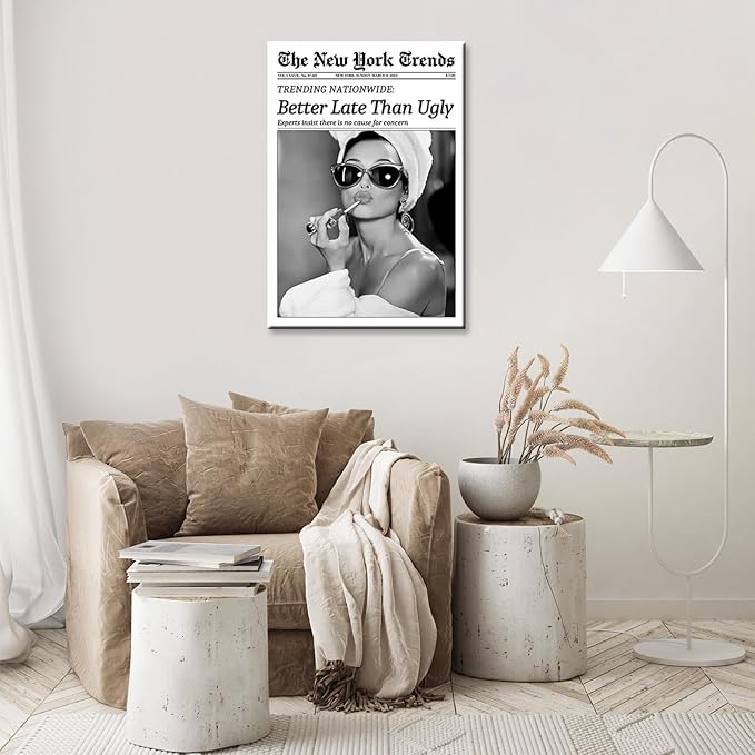 Trendy Newspaper Canvas Wall Art Black And White Better Late Than Ugly Poster Funky Feminist Painting Vintage New York Trends Aesthetic Wall Decor For Girl Dorm Room Bathroom 16x24in Framed