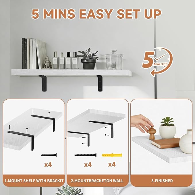 Easy Install Floating Shelves, 15.7 Inch Wall Mounted Wood Shelf,Hanging Shelf for Home Decor, Books and Storage, Small Organizer for Bedroom, Bathroom, Kitchen, Set of 3, White