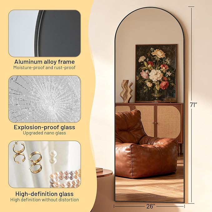 Simple Deluxe Arched Full Length Mirror, 71"x26"Large Floor Mirrors, for Wall Door Bedroom Bathroom Living Room (Black)
