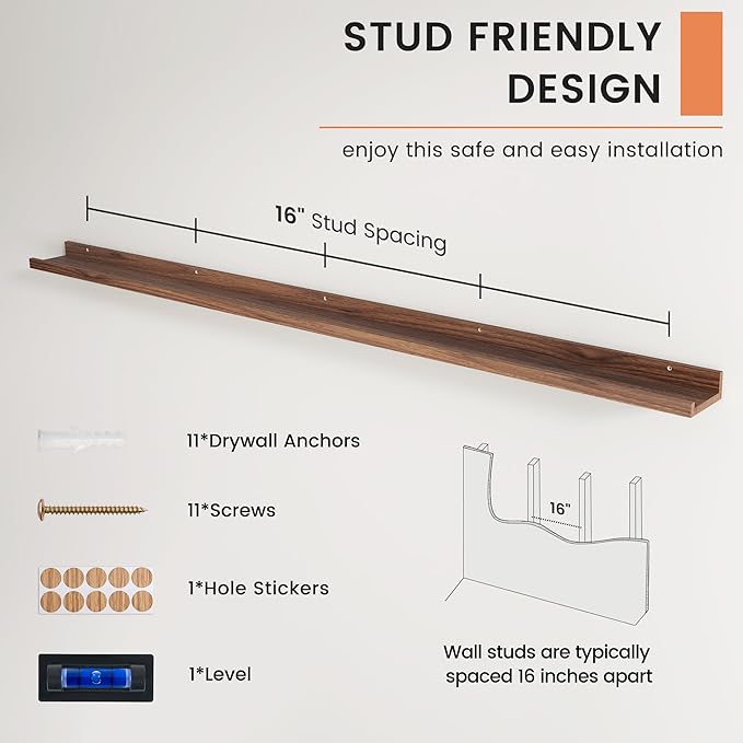 FLYJOE Picture Ledge Shelf, Floating Shelves Set of 2, 72 Inches Long Large Nursery Book Shelves for Toys Storage, Kids Bookshelf Wall Mounted for Living Room Bedroom Decor Books Photo Frames, Walnut