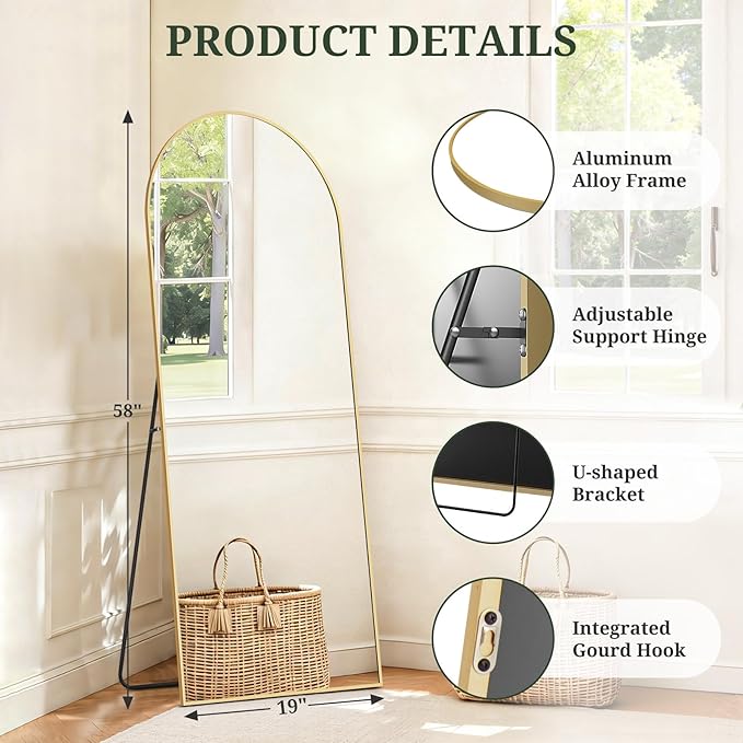 Mirror Full Length 58"x19" Full Body Floor Mirror with Stand, Shatterproof Glass, Aluminum Alloy Frame, Free Standing Wall Mounted or Leaning Arched Mirrors for Bedroom Living Room Entryway