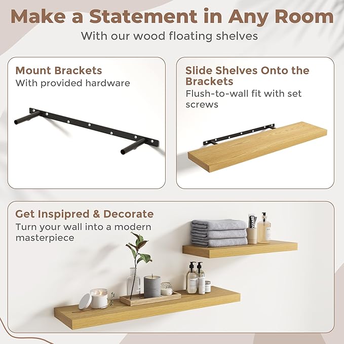 12 Inch Floating Shelves for Wall with Invisible Brackets Set of 3, 12"D Engineered Wood Wall Shelves with Wood Grain for Living Room, Bedroom, Bathroom, Kitchen Decor and Storage, Oak Finish