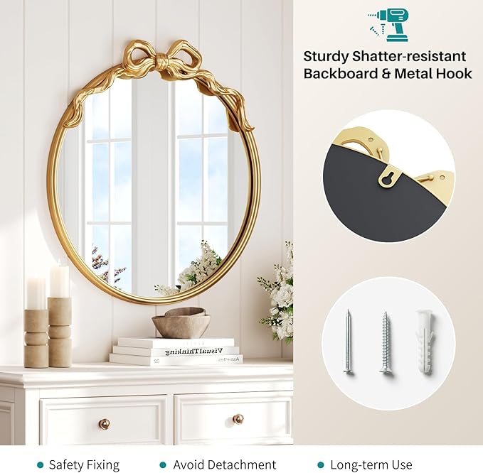 Round Gold Wall Mirror - 21"x21" Baroque Vintage Ornate Mirrors of Wall, Antique Gold Bow Mirror Circle with Metal Frame for Living Room, Bedroom, Nursery, Bathroom, Entryway, Hallway