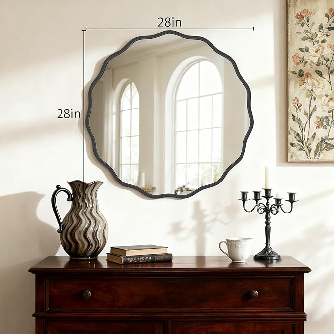HOMECOOKIN 28 Inch Wavy Round Wall Mirror, Round Wavy Wall Mirror with Aluminum Frame for Bathroom Upgrades, Hotels, Dressing Tables,Farmhouses