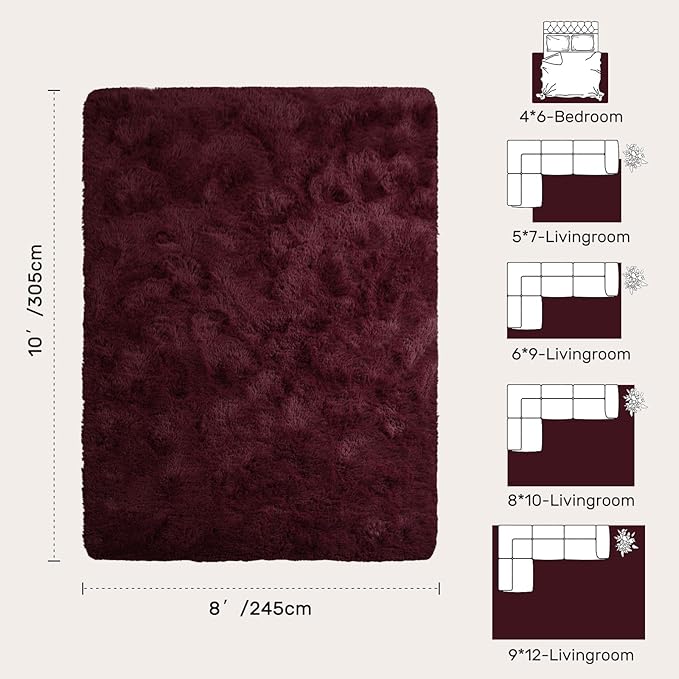 8x10 Area Rugs for Living Room Red Shag Fur Rug, Modern Non-Slip Soft Plush Carpets for Girls Woman Female Wedding Bedroom Home Décor Aesthetic Dark