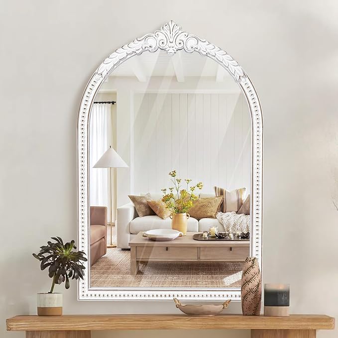 Farmhouse Baroque Wooden Wall Mirror - 36x24 Inches Antique White Arch Mirror, Ornate Beaded Decorative Mirror for Fireplace Mantel, Living Room
