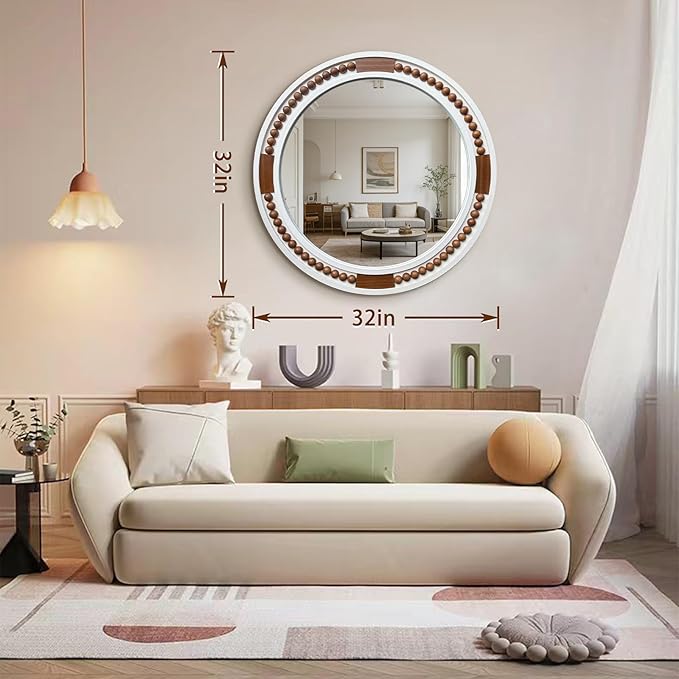 HQiJun 32 Inch Round Boho Wall Mirror, Large Rustic Coastal Wall Decor with White Wood Frame and Brown Bead Accents,Farmhouse Decorative Mirror for Entryway, Bedroom, Living Room