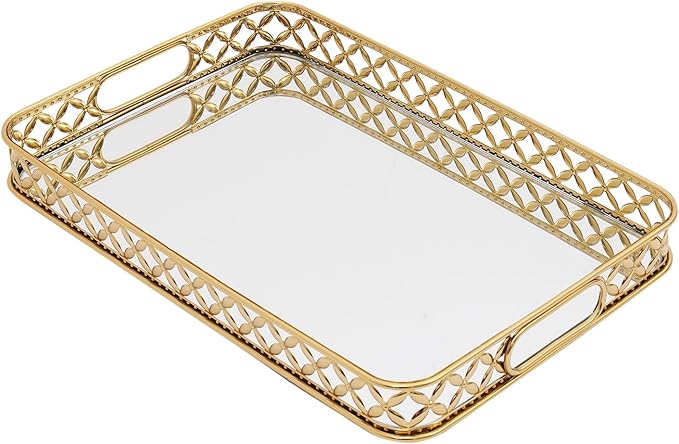12.6 Inch Gold Mirrored Vanity Tray,Metal Mirror Decorative Jewelry Storage Tray with Handle,Perfume Makeup Organizer Trays for Dresser Bathroom Counter Home Decor