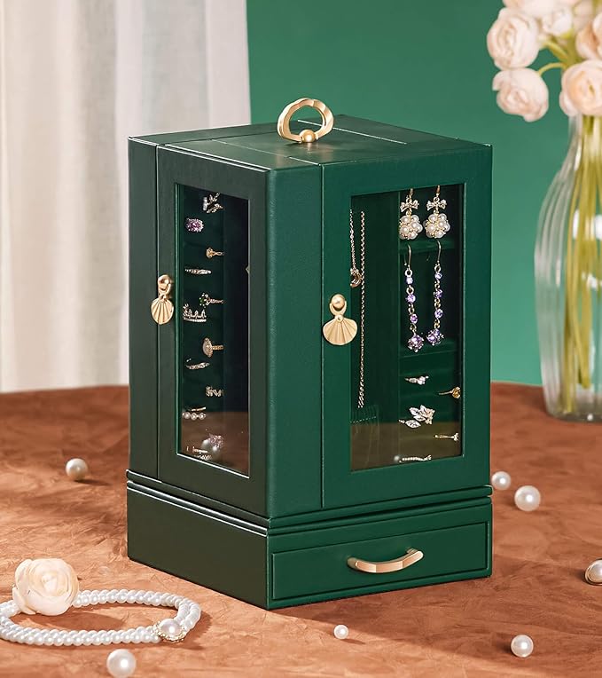 Enthralite Jewelry Box Large for Dresser: Women Necklace Ring Storage Organizer with Compartments - Elegant Earring Holder Display - 360° Rotating Jewelry Organizer with Glass Door
