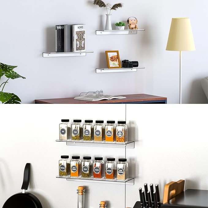 Clear Acrylic Floating Shelves Set of 4 for Lego Sets Funko Pop Collectibles Kids Bookshelf Figures Plant Picture Photo Modern Wall Ledge Floating Shelf for Bedroom Decor Living Room Wall Shelf