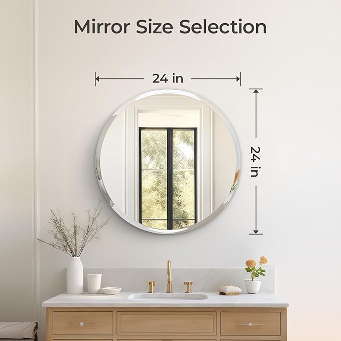 USHOWER Frameless Round Bathroom Mirror 24", Circle Vanity Mirror for Wall Decor, with Beveled Edge, for Bathroom, Living Room, Entryway, Modern & Elegant Look