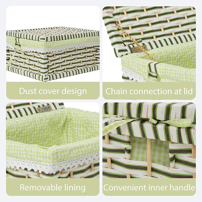 Paper Rope Storage Basket with Lid,Handmade Woven Rustic Green Shelf Basket for Organizing, Decor-Detachable & Washable Lining (Large)