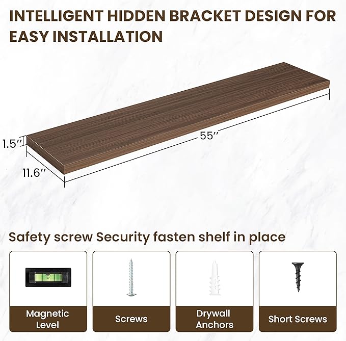 Acovy 55 Inch Floating Shelves, 12 Inch Deep Floating Shelves for Wall, Floating Shelf with Invisible Brackets, Deep Wall Shelves for Bathroom, Bedroom, Living Room, 1 Pack, Walnut
