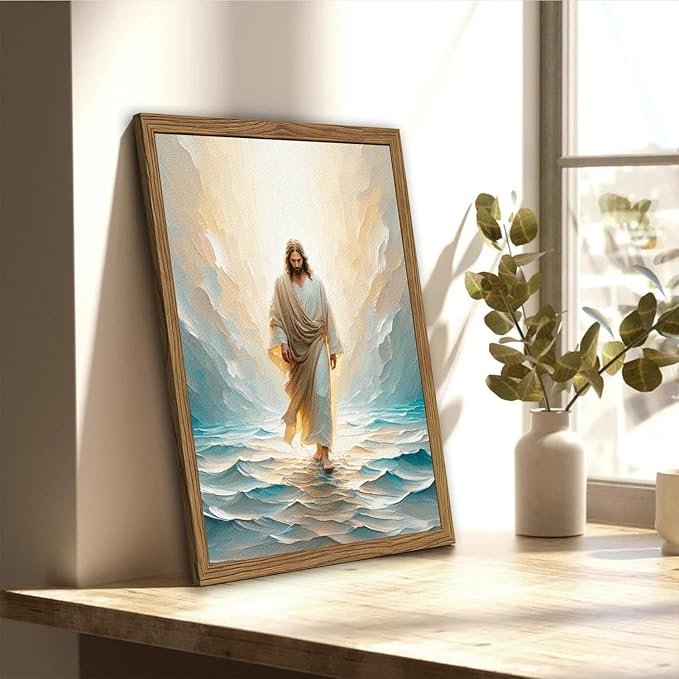 Jesus Walking On Water Wall Art, Framed 3D Textured Hand Drawn Sandstone Christian Wall Decor Painting Religious Savior Pictures for Living Prayer Room Bedroom 24x36 in Wood Framed