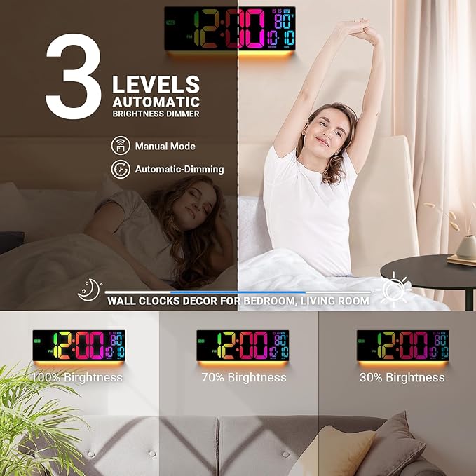 16.5" Large Digital Wall Clock: 11 RGB Color LED Display with Remote Control, Auto DST, Temperature & Date, Big Number Wall Clock for Seniors, Classroom, Office, Gym, Home Decor Brown