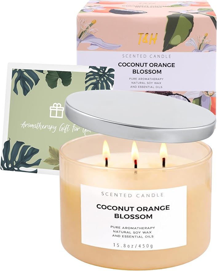 Coconut Orange Blossom 3-Wick Soy Candle | 15.8 oz Large Scented Candle for Home | Clean Burn Long Lasting | Creamy Floral Citrus Scent | Gift Ready