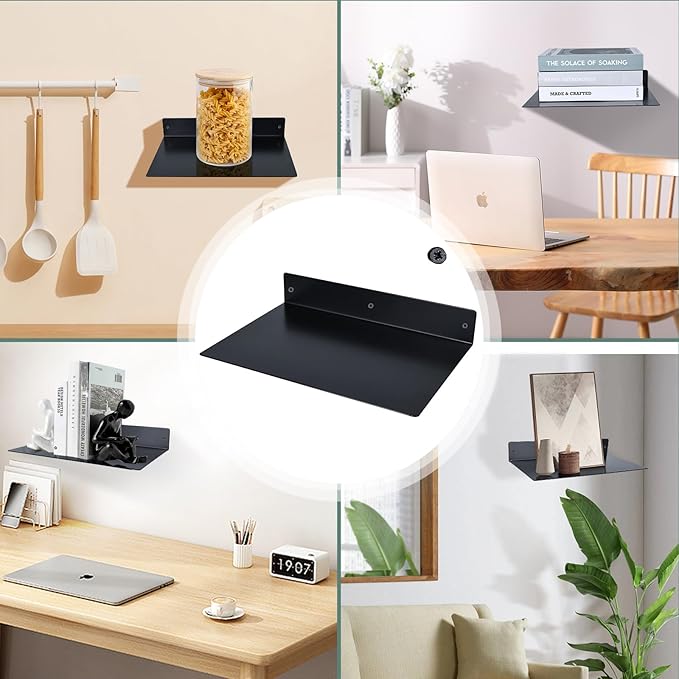 RealPlus Metal Floating Shelf Wall Mounted (12 inch x 8 inch) Heavy Duty Steel Display Shelves, Black