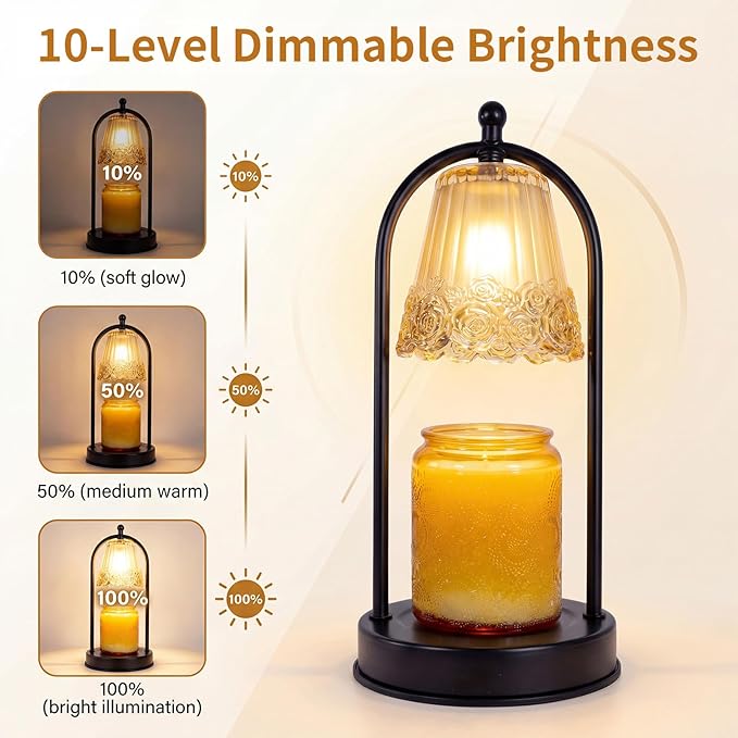 Vintage Rose Candle Warmer Lamp with Timer & Dimmer - Portable Iron Base, Amber Glass Shade, 2 Bulbs Included - Electric Wax Melter for Home Decor (Rose)