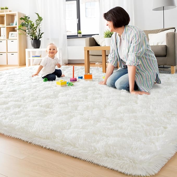 BENRON Soft Fluffy Rugs for Living Room 9 x 12 Cream White, Extra Large Area Rug for Bedroom Dining Table Office Kids Nursery Room, Machine Washable
