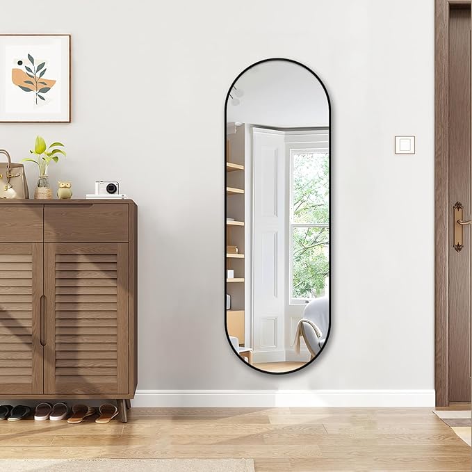 Oval Full Length Mirror, 48"×16" Wall-Mounted Mirror with Metal Frame, Ultra-Clear Explosion-Proof, Simple and Classic Deco for Cloakroom/Bedroom/Living Room, Black