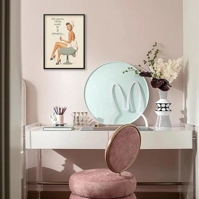 Boho Sage Green Bathroom Poster Vintage 70s Pin Up Girl Wall Art 24X36 inch Black Framed Of Course I'll Be Ready in 5 Minutes Canvas Prints for Toilet Lavatory Wall Decor