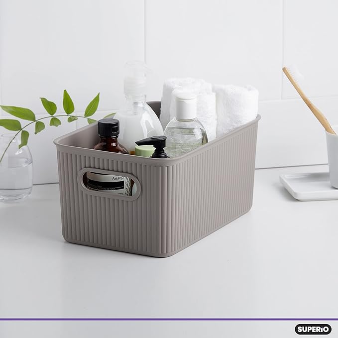 Superio Ribbed Collection - Decorative Plastic Basket Open Home Storage Bins Organizer, Medium Taupe (4 Pack) Container Boxes for Organizing Closet Storage Bins for Shelves Drawer Shelf 5 Liter