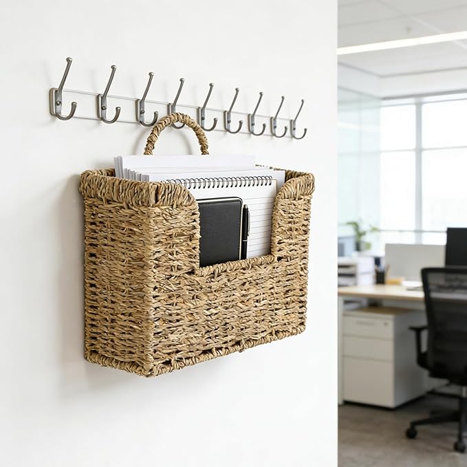 Woven Hanging Basket for Wall, Magazine and Mail Organizer Holder with Sturdy Frame,Seagrass Magazines Baskets Also Stands on Tabletop, Wall Mount Storage Rack for Home Office