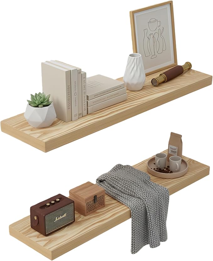 Lufia Floating Wall Shelves, Set of 2, MDF with Invisible Brackets, Modern Storage for Bedroom, Bathroom, Living Room, Kitchen (Oak, 28" W x 7" D x 1.5" H)