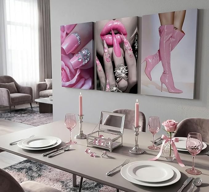 3Pcs Fashion Pink Women Canvas Wall Art Glam Funky Maiden High Heel Pictures Wall Decor Elegant Dreamy Lips Pink Posters Prints Paintings for Living Room Bedroom Home Decoration Prepare To Hang