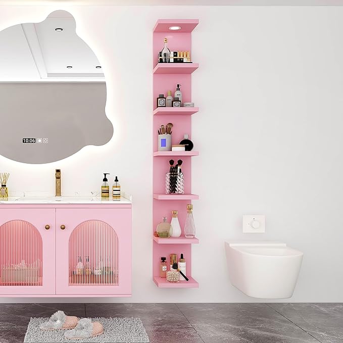 LitaEther Versatile 7 Tier Wall Shelf Unit,Pink Lack Wall Shelf,Display Floating Shelf with LED Remote Control Light