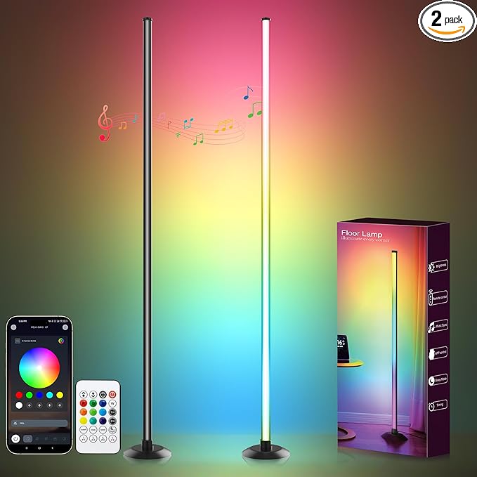 NBBUFF Led Corner Floor Lamp USB Powered with App & Remote Control, Color Changing Led Lamp Music Sync IC+RGBW, Timer, 64+ Music Modes, Standing Lamps for Living Room Lamp Bedroom Gaming Room, 2 Pack