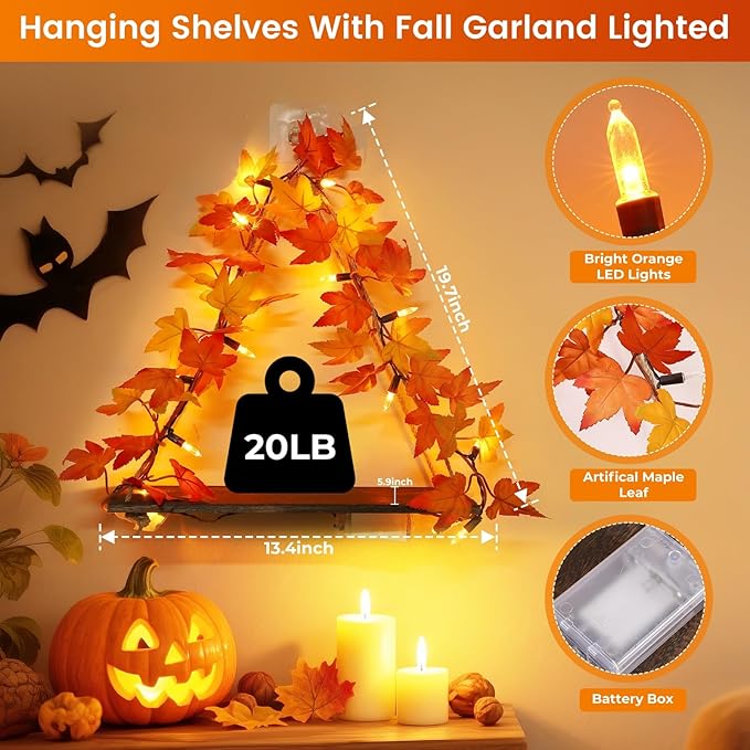 Fall Wall Decor Macrame Wall Hanging Shelf with Fall Lighted Garland,2 Pack Fall Leaves Garland Lights Boho Floating Shelves for Bedroom Living Room Boho Wall Décor, Fall Decorations for Home