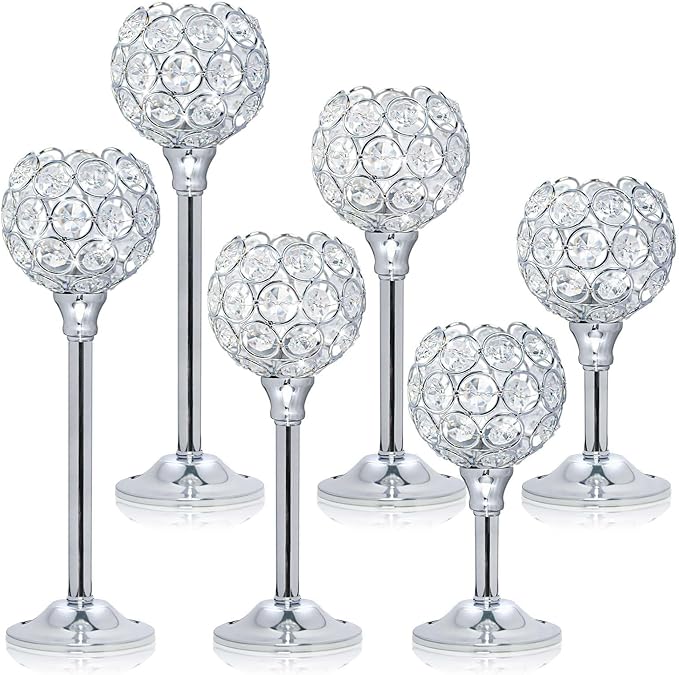 Crystal Metal Tealight Candlestick, Bling Bowl Candelabras, Tall Crystal Votive Candle Holders Elegant Candle Centerpiece for Dining Table Wedding Decor (Set of 6, Silver)