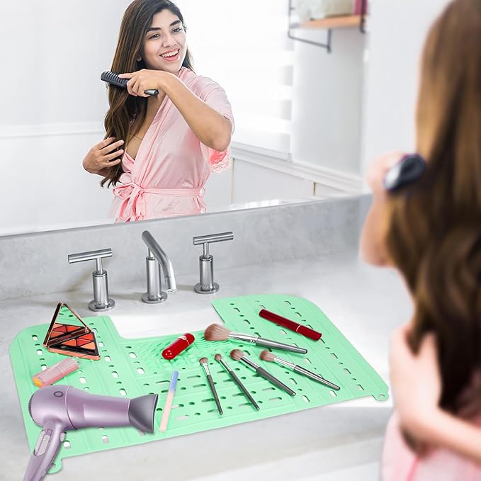 Bathroom Sink Cover for Counter Space, Foldable Silicone Makeup Mat with Hanging Loop Heat-Resistant Sink Cover for Makeup, 22 * 17" Space Saver Sink Organizer Mat for Bathroom, Green