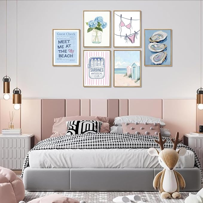 Zuowclli 6Pcs Preppy Coastal Wall Art Prints Pink Blue Coastal Granddaughter Wall Decor Pictures Summer Bikini Oysters Hydrangeas Beachy Aesthetic Posters for Girly Bedroom Dorm Apartment 8x10in