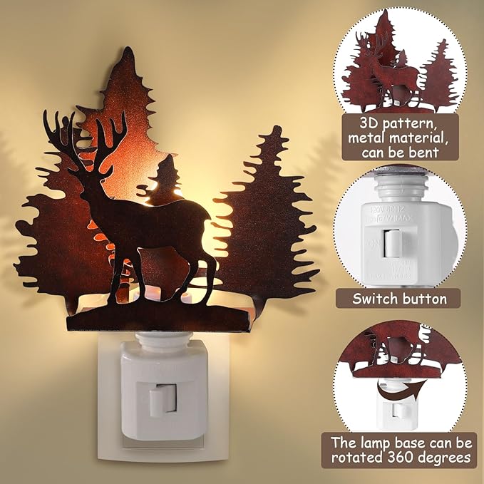 Tuanse Forest Deer Plug in Night Light Farmhouse Metal LED Night Light Decorative Vintage Novelty Lamp Decor for Holiday Bedroom Living Room Bathroom Christmas Gift