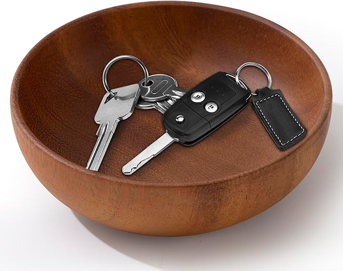 4.7inch Small Round Keys Bowl for Entryway, Acacia Decorative Bowl for Organizing Tabletop Decorative Organizer Basket for Keys Wallet Cell Phone for Fruit Candy Cracker