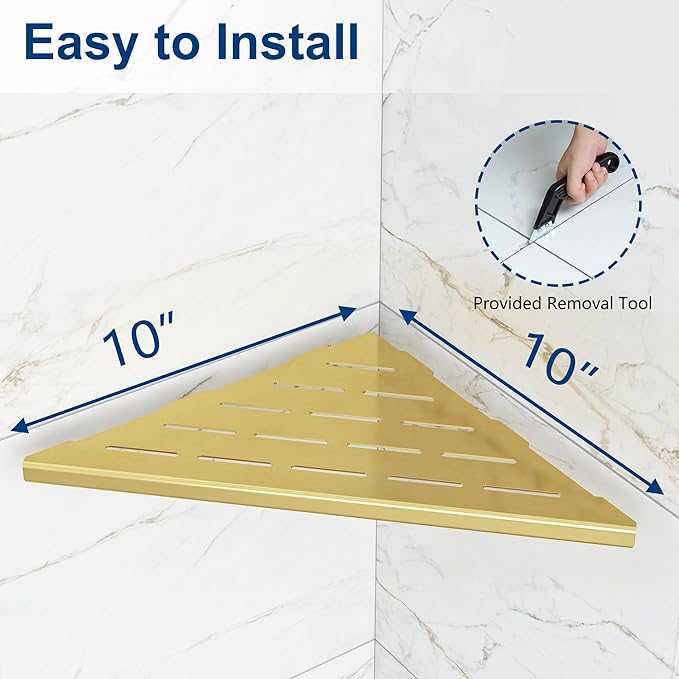 Qeke Corner Shower Shelves, 10” Recessed Tile Shower Shelf, 304 Stainless Steel Grout in Corner Tile Shower Shelves, No Drilling, Brushed Golden, 2 Pack