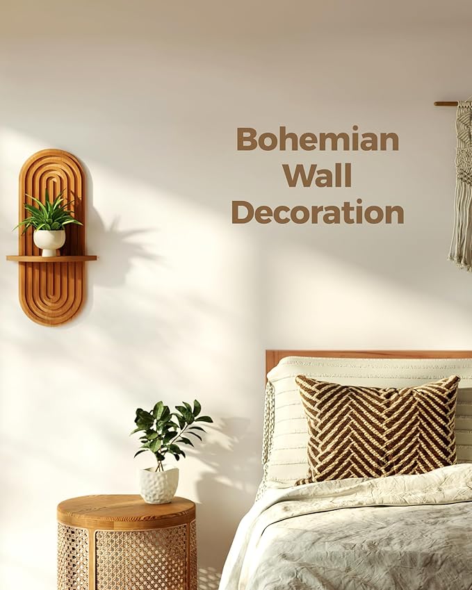 Bamworld Boho Wall Decor Brown Plant Wall Shelf, Mid Century Modern Decor Hanging Plant Shelf, 1-Tier Bamboo Floating Shelves for Home Bathroom Bedroom Living Room Holding Planter Decoration Brown