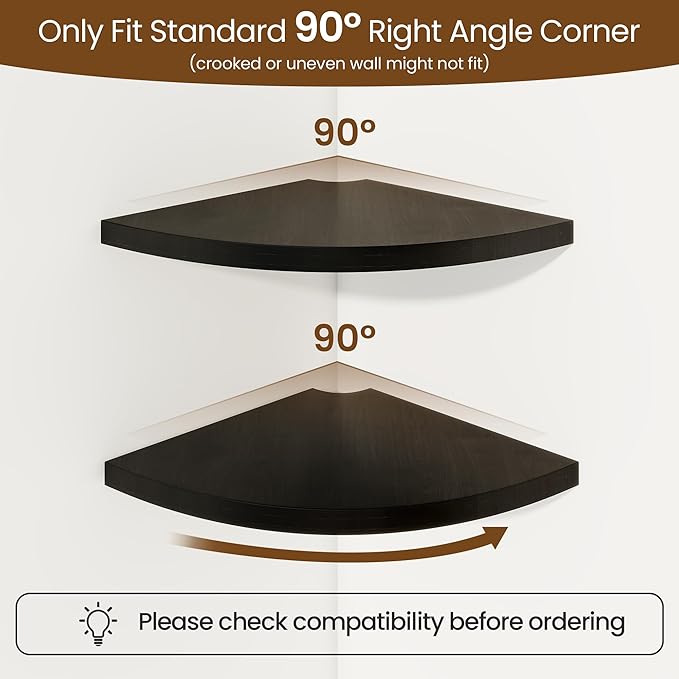 Fun Memories Corner Shelf Wall Mount, Solid Oak Wood Floating Corner Shelves with Cable Hole, 10in Rustic Design for Bedroom, Bathroom, Kitchen, Living Room (Black, 1 Pack)